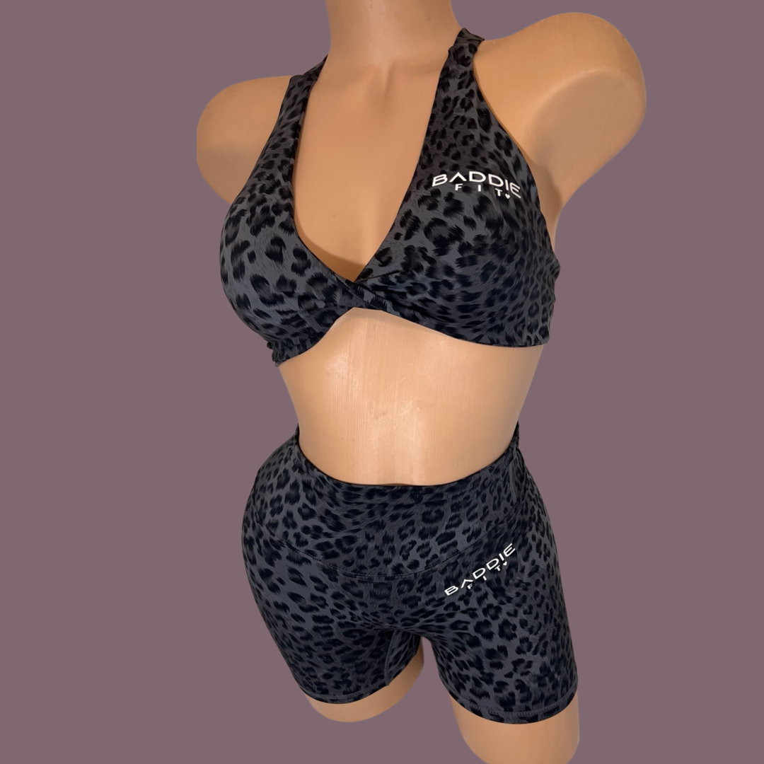 Baddiefit Cheetah Print Bra & Shorts Gym Set