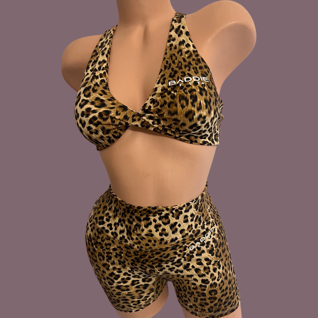 Baddiefit Cheetah Print Bra & Shorts Gym Set